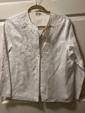 Daffodil Women’s White Embroidered Button-Front Linen Jacket Size L Cottagecore
